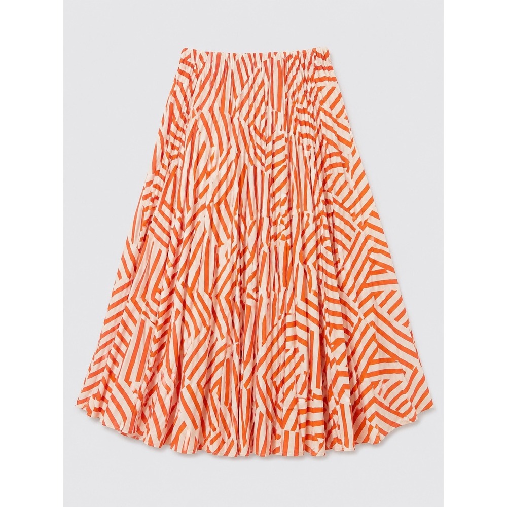 Ces Femme Orange White Geometric Abstract Striped‎ Pleated Midi Skirt Large